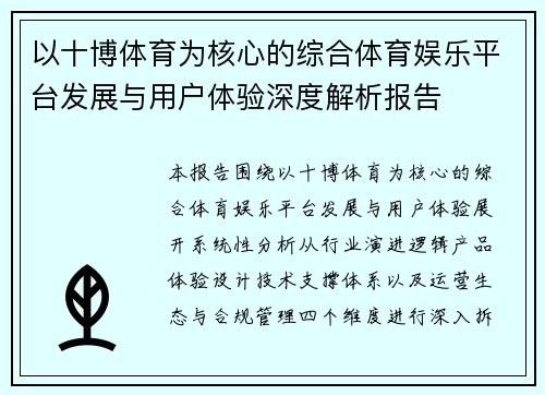 以十博体育为核心的综合体育娱乐平台发展与用户体验深度解析报告